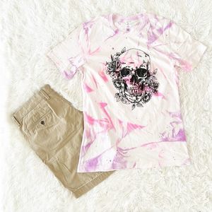 Pink & Purple Spray Paint Floral Skull Unisex Tee, Sz M